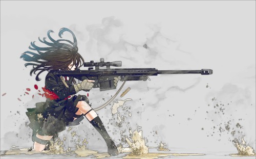 Image black haired male anime character holding rifle