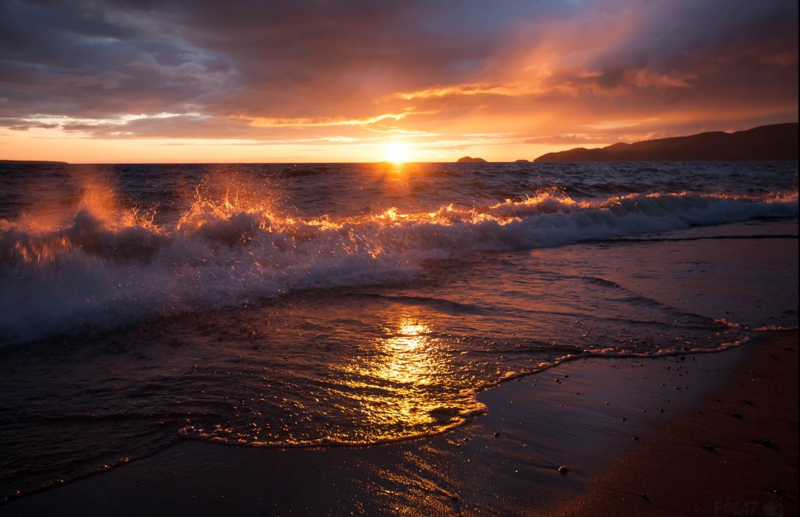 日落, 破浪, 地平线, 大海, 余辉 壁纸 3520x2277 允许