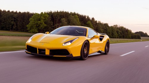 Image yellow ferrari 458 italia on gray asphalt road