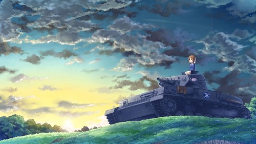 Image man in black jacket sitting on battle tank under white clouds and blue sky during daytime