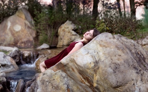 Image rock, boulder, tree, girl, watercourse