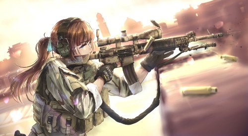 Image woman in green and brown camouflage uniform holding rifle