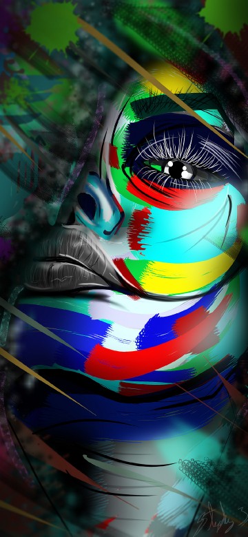 Image black white red yellow and green abstract painting