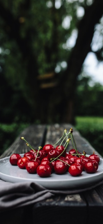Image red cherries on white ceramic plate