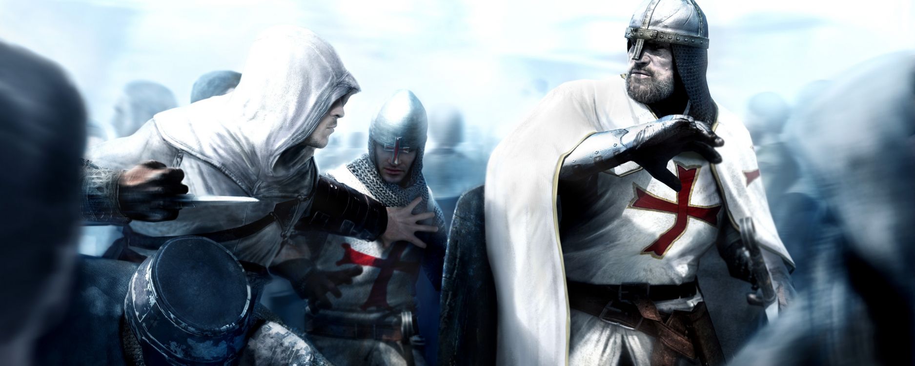 Assassins Creed, Autel Ibn-LaAhad, Chevalier, Ezio Auditore, Desmond Miles. Wallpaper in 2560x1024 Resolution