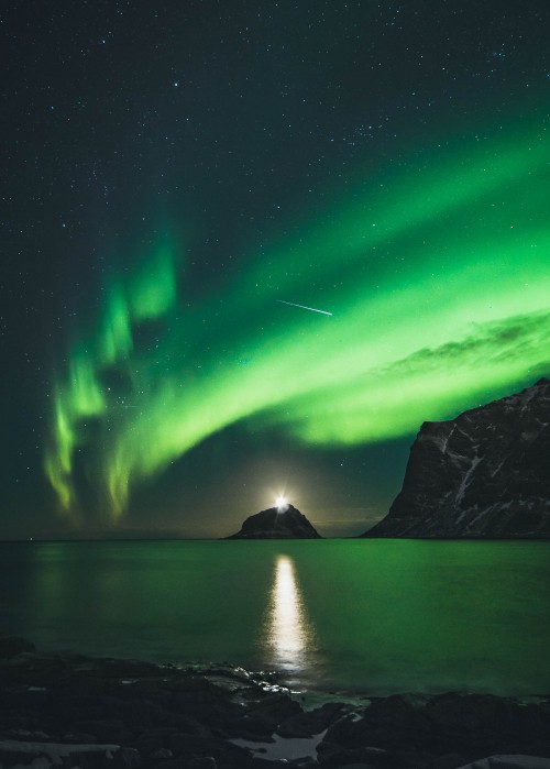 Image aurora, Lofoten, nature, green, natural landscape