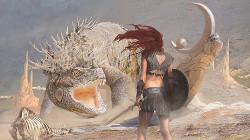 Image girl vs dragon, painting, dragon, fawn, art