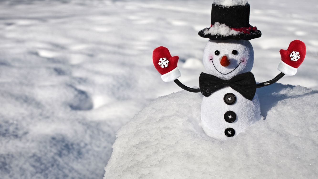 Snowman With Red and Black Hat on Snow Covered Ground. Wallpaper in 2560x1440 Resolution