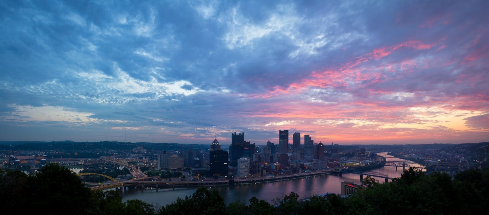 城市景观, 城市, 天际线, 余辉, 市区 壁纸 2500x1101 允许