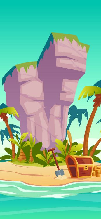 Piratenschiff im Insel-Cartoon, Piraterie, Vektor-Grafiken, Schiff, Insel. Wallpaper in 1080x2340 Resolution