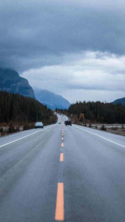 lane, cloud, cars, mountain, plant