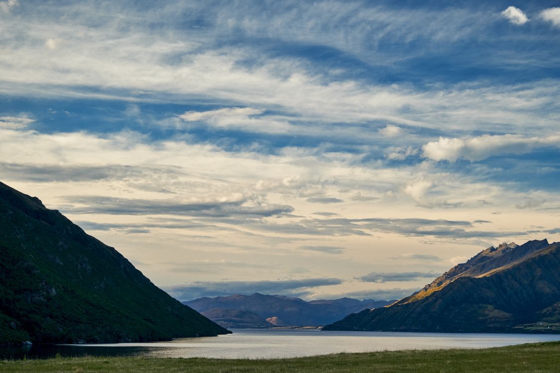 mountainous landforms, highland, cloud, lake, water