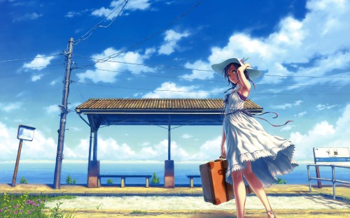 Image woman in white dress wearing black hat standing on brown wooden bench during daytime