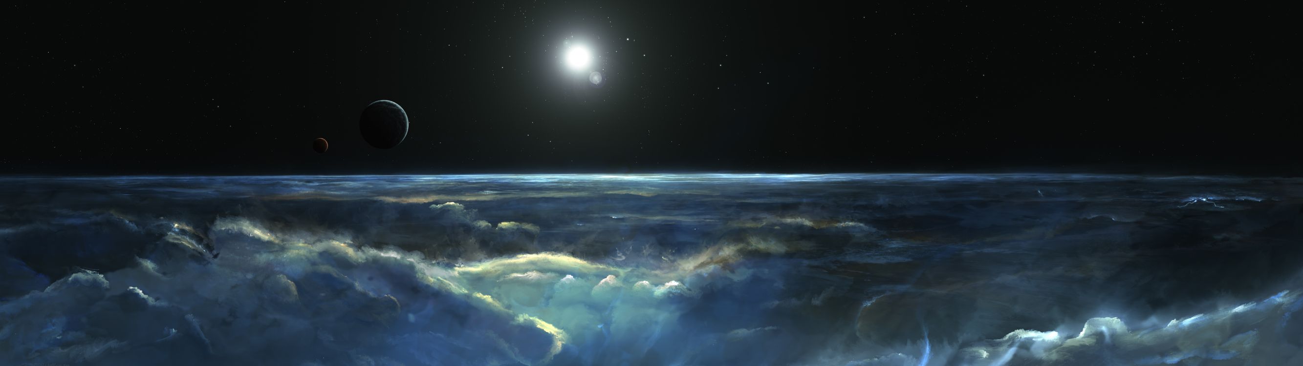 Nuages Blancs et Lune Pendant la Nuit. Wallpaper in 7680x2160 Resolution