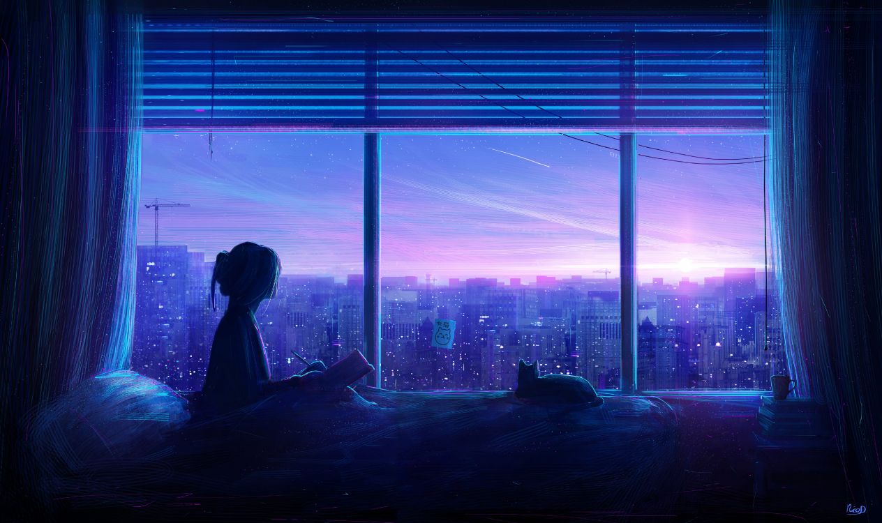 Allein Anime, Kunst, Anime, Fenster, Blau. Wallpaper in 4948x2935 Resolution