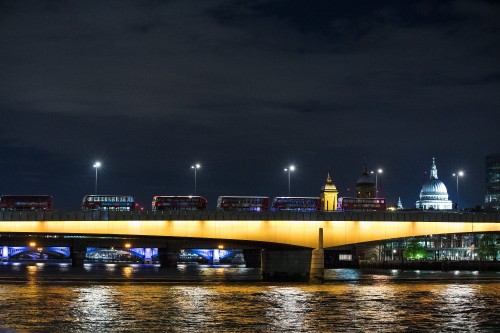 Image lighted bridge over water during night time