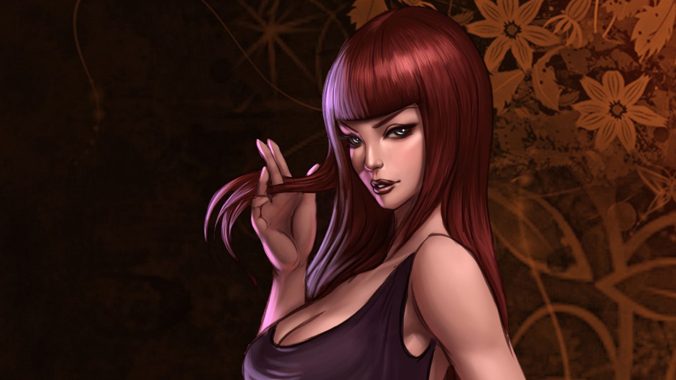 Femme Aux Cheveux Rouges en Illustration de Débardeur Noir. Wallpaper in 2480x1395 Resolution