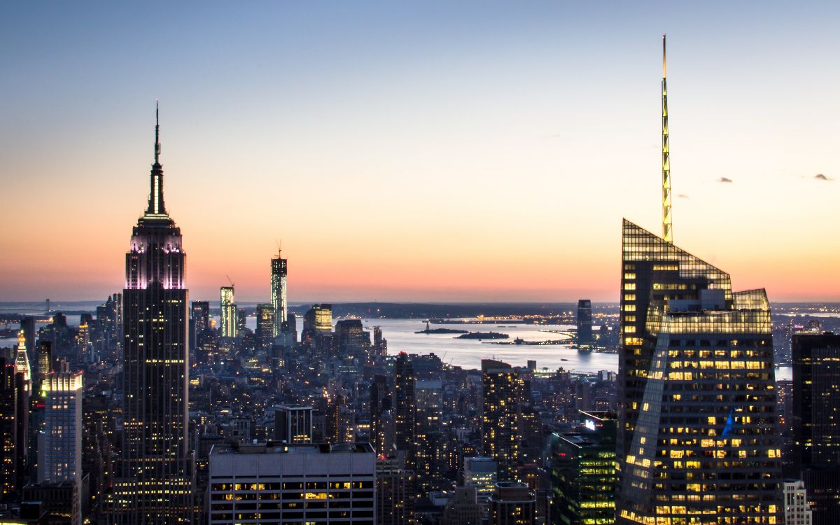 city skyline during night time