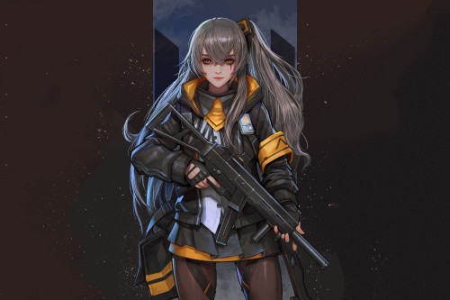 Image woman in black and yellow coat holding rifle illustration