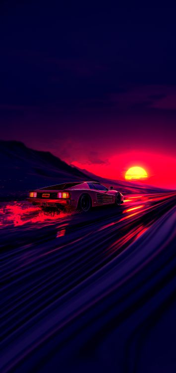 Ferrari Testarossa, Iluminación Automotriz, Asfalto, Coche, Atardecer. Wallpaper in 2160x4560 Resolution
