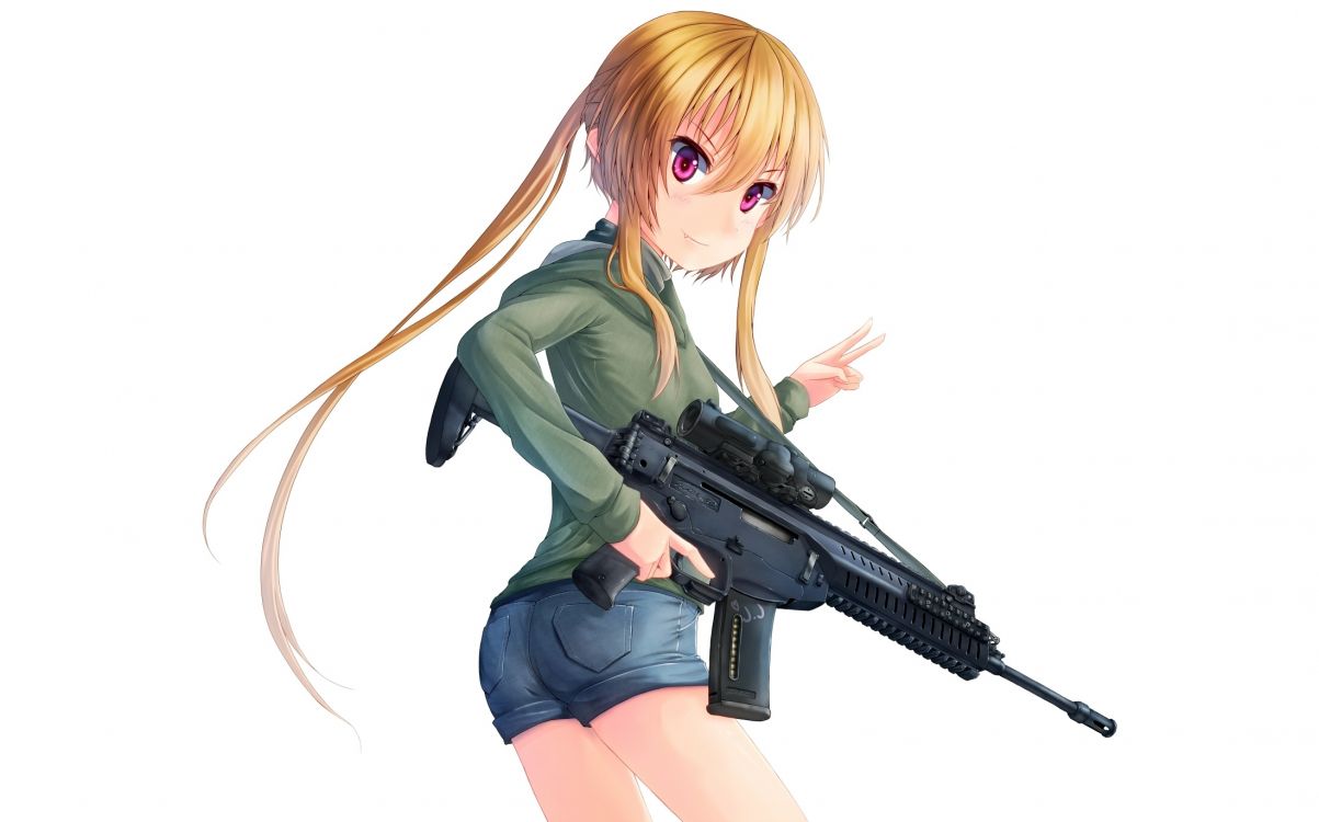 Frau in Grüner Jacke Mit Gewehr-Anime-Charakter. Wallpaper in 2200x1371 Resolution