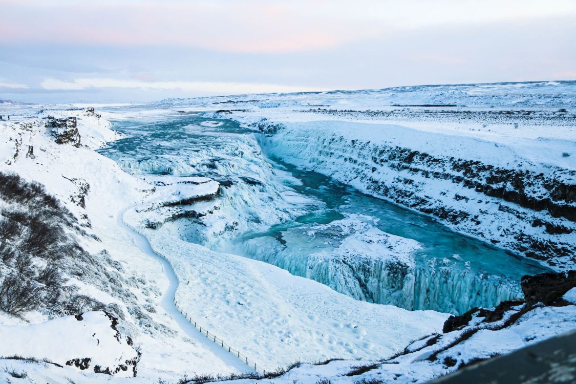 gullfoss, Gullfoss Falls, waterfall, ice, glacial landform