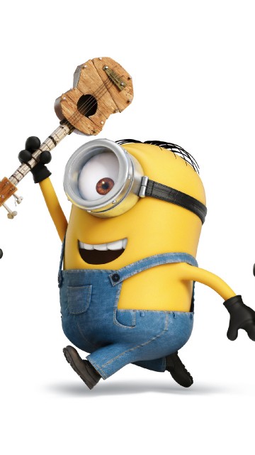 Image two minions holding guitar and guitar