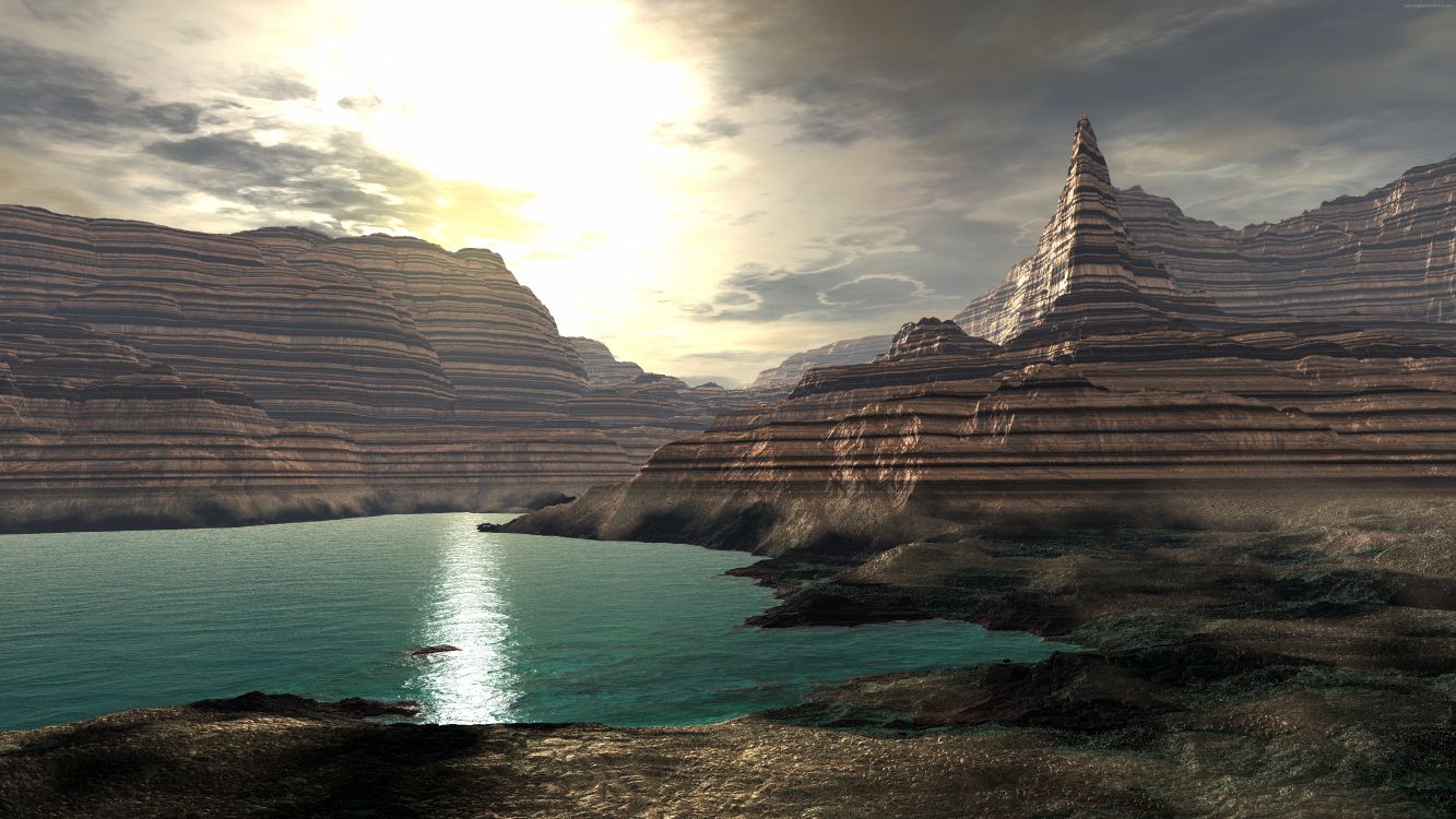 Brauner Felsiger Berg Neben Gewässer Tagsüber During. Wallpaper in 7680x4320 Resolution