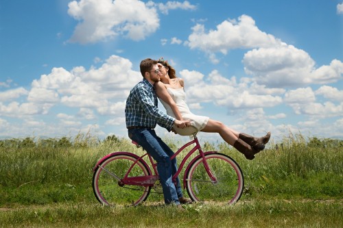 Image couple, romance, People in nature, bicycle, grassland