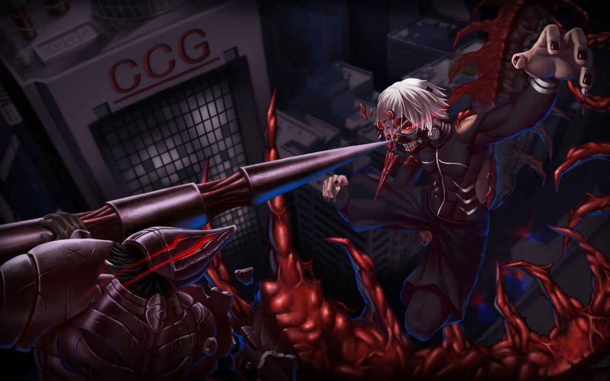 woman in white hair holding black and red rifle