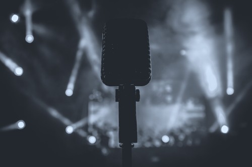 Image black microphone on black microphone stand