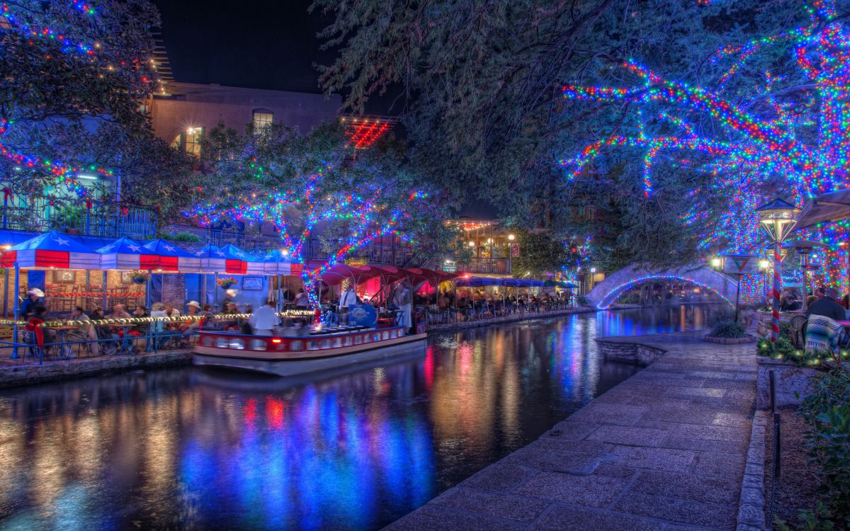 Christmas Day, christmas lights, night, waterway, reflection