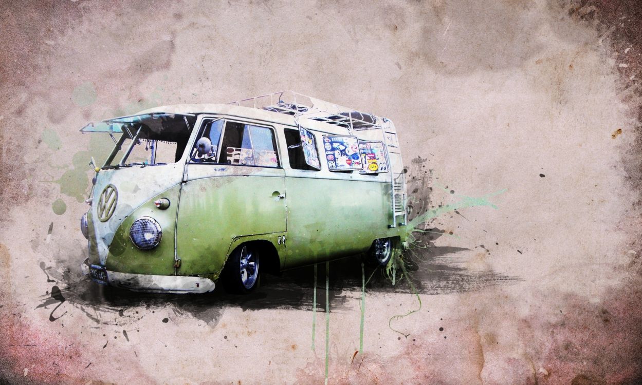 Green and White Volkswagen T-1. Wallpaper in 2693x1616 Resolution