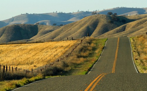 Image gray asphalt road between green grass field during daytime