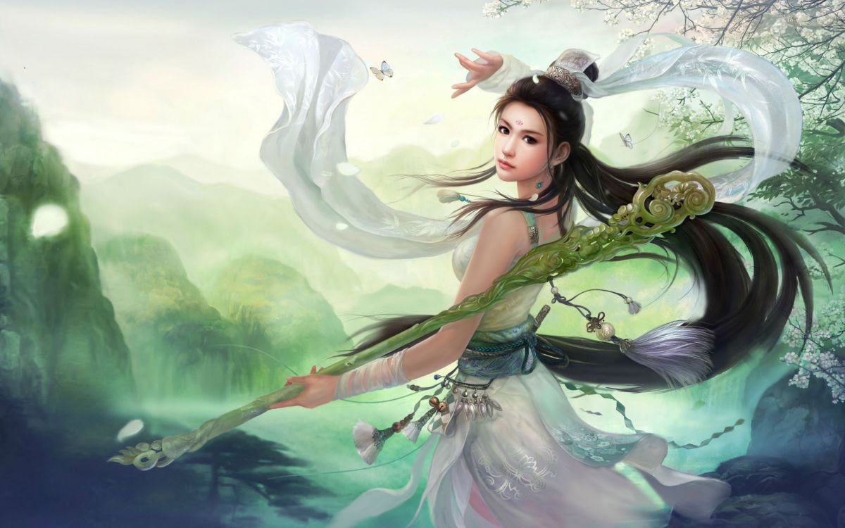 Woman in Green Dress With White Wings Illustration. Wallpaper in 2880x1800 Resolution