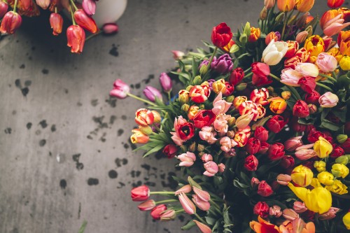 Image red and yellow flowers on white ceramic vase