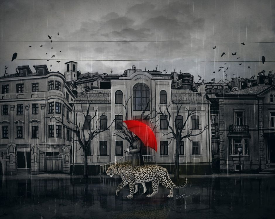 Parapluie Rouge Dans la Rue Devant le Bâtiment Blanc. Wallpaper in 4800x3828 Resolution