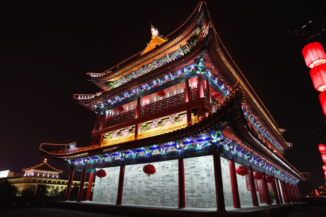 brown and white wooden temple during night time