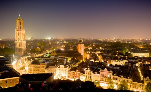 Image aerial view of city during night time