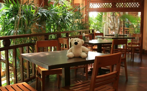 Image white bear plush toy on brown wooden table