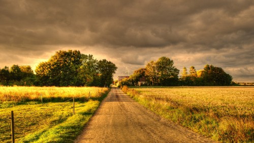 Image gray concrete road between green grass field under gray clouds