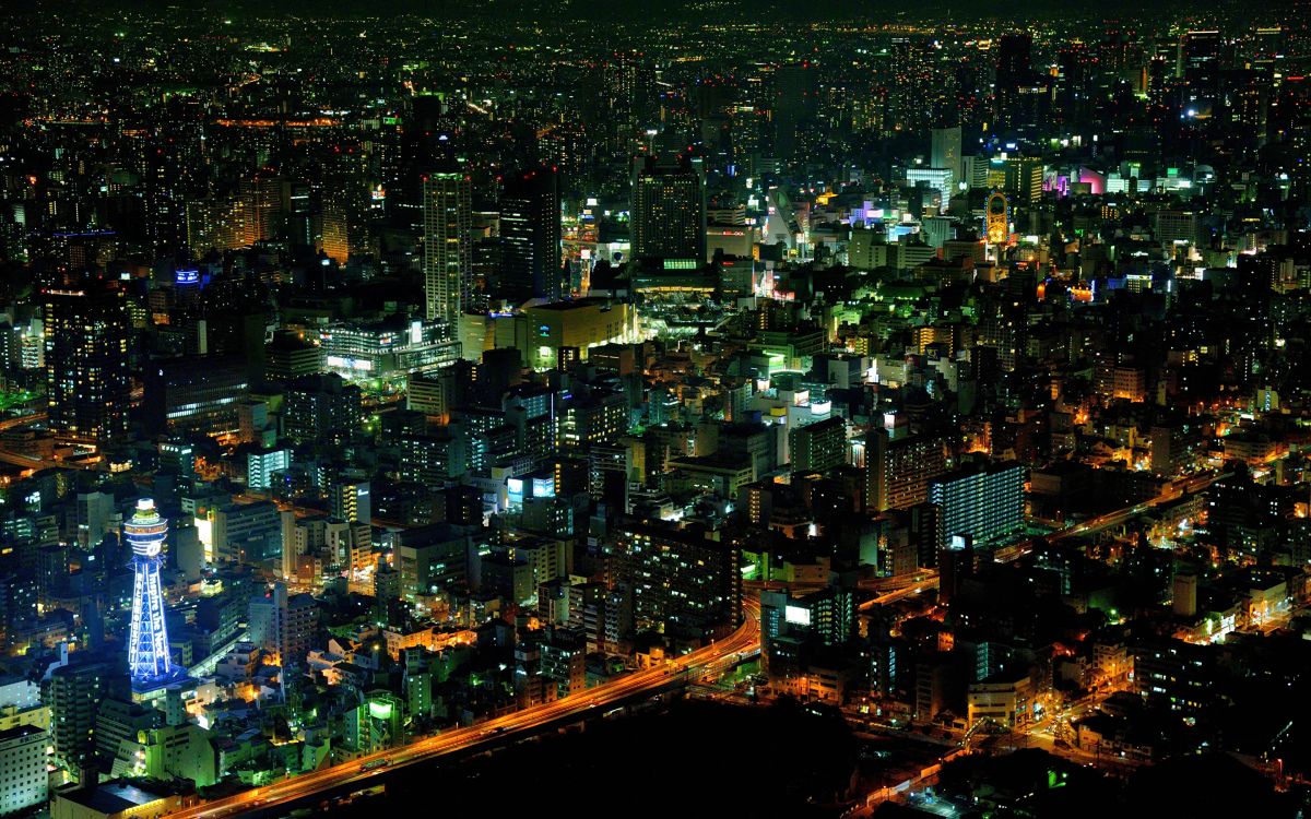 aerial view of city buildings during night time