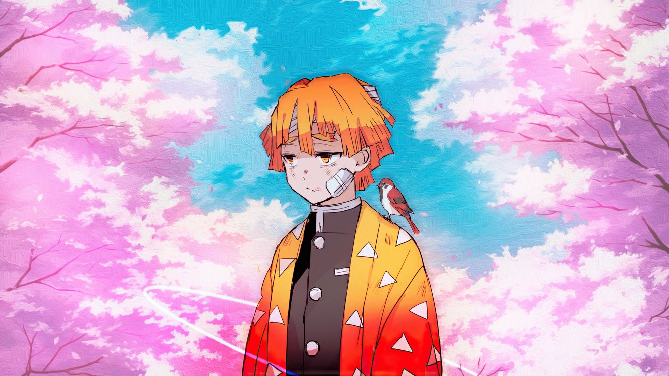 Anime, Zenitsu Agatsuma, Asesino de Demonios Kimetsu no Yaiba, La Gente en la Naturaleza, Caricatura. Wallpaper in 3840x2160 Resolution