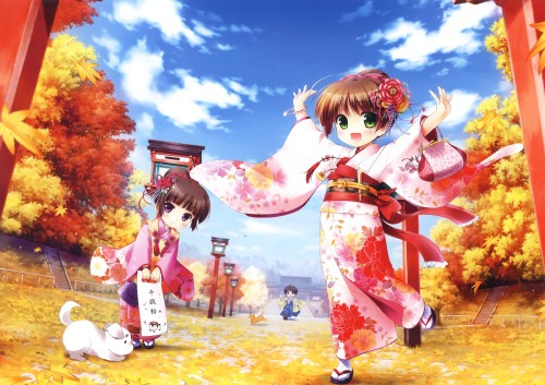 Image girl in white and red kimono holding umbrella illustration