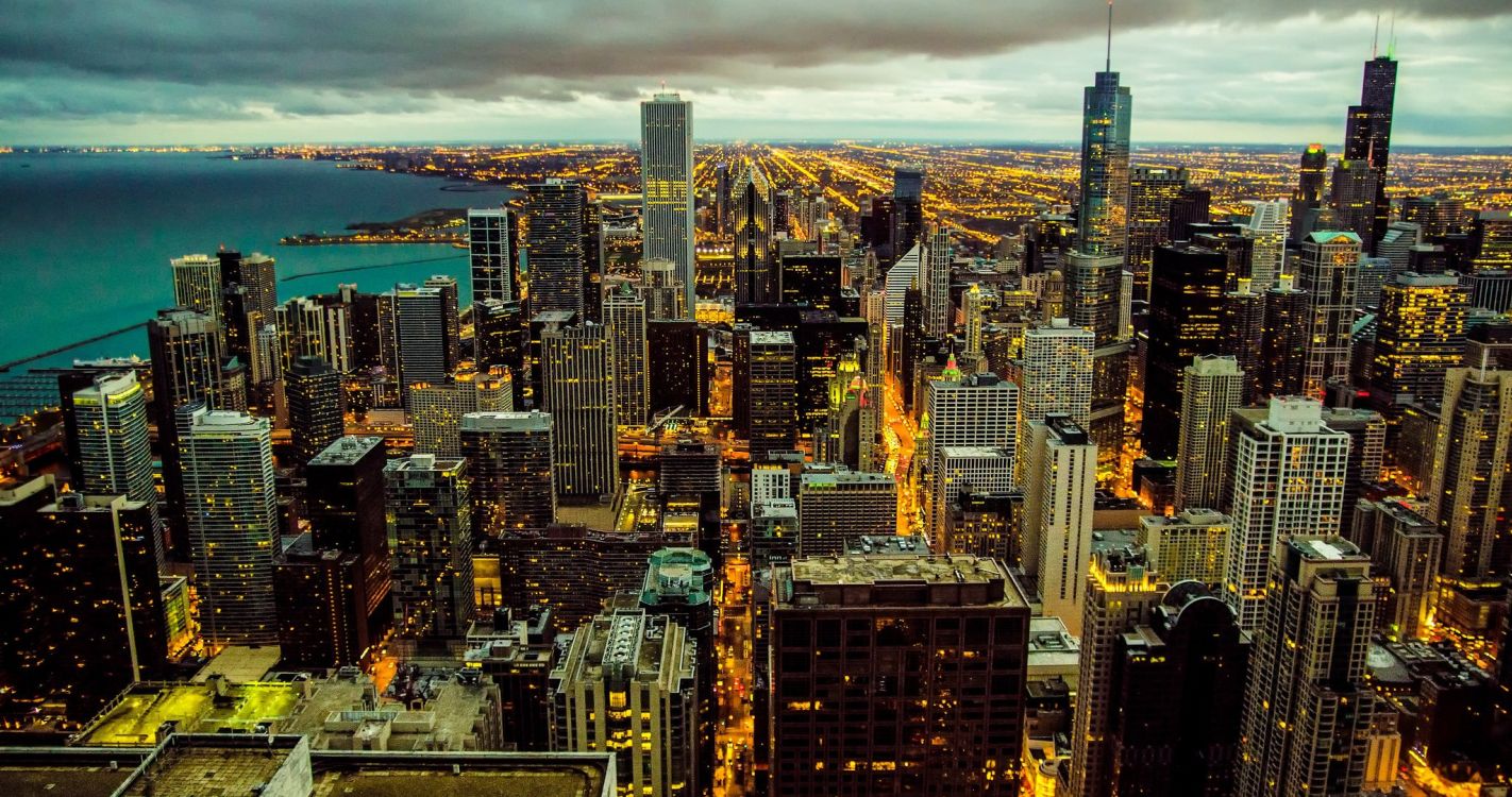 aerial view of city buildings during night time