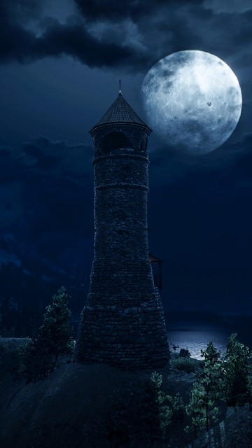 Image gray concrete tower near trees under full moon
