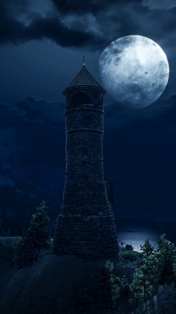 Image gray concrete tower near trees under full moon