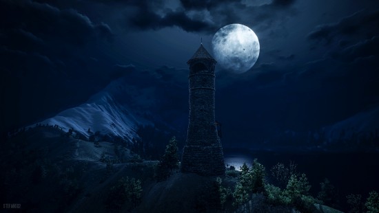 Image gray concrete tower near trees under full moon