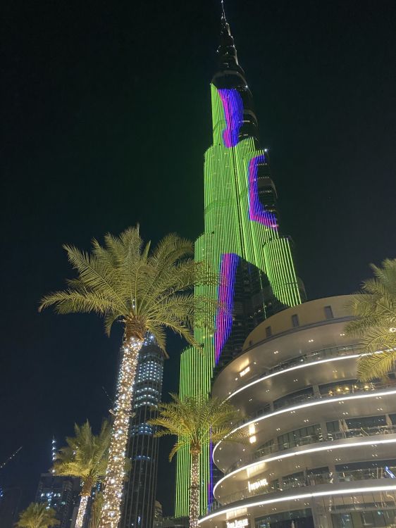 Tower, Palm Trees, Majorelle Blue, Facade, Night. Wallpaper in 1536x2048 Resolution
