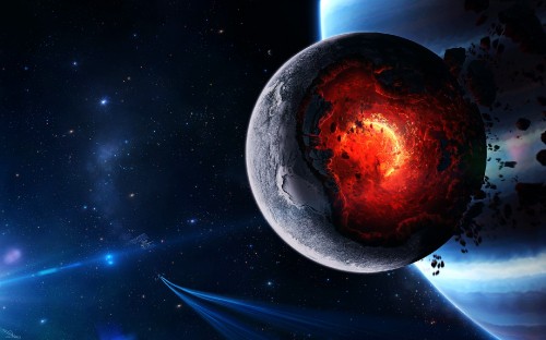 Image red and black planet with blue and white stars